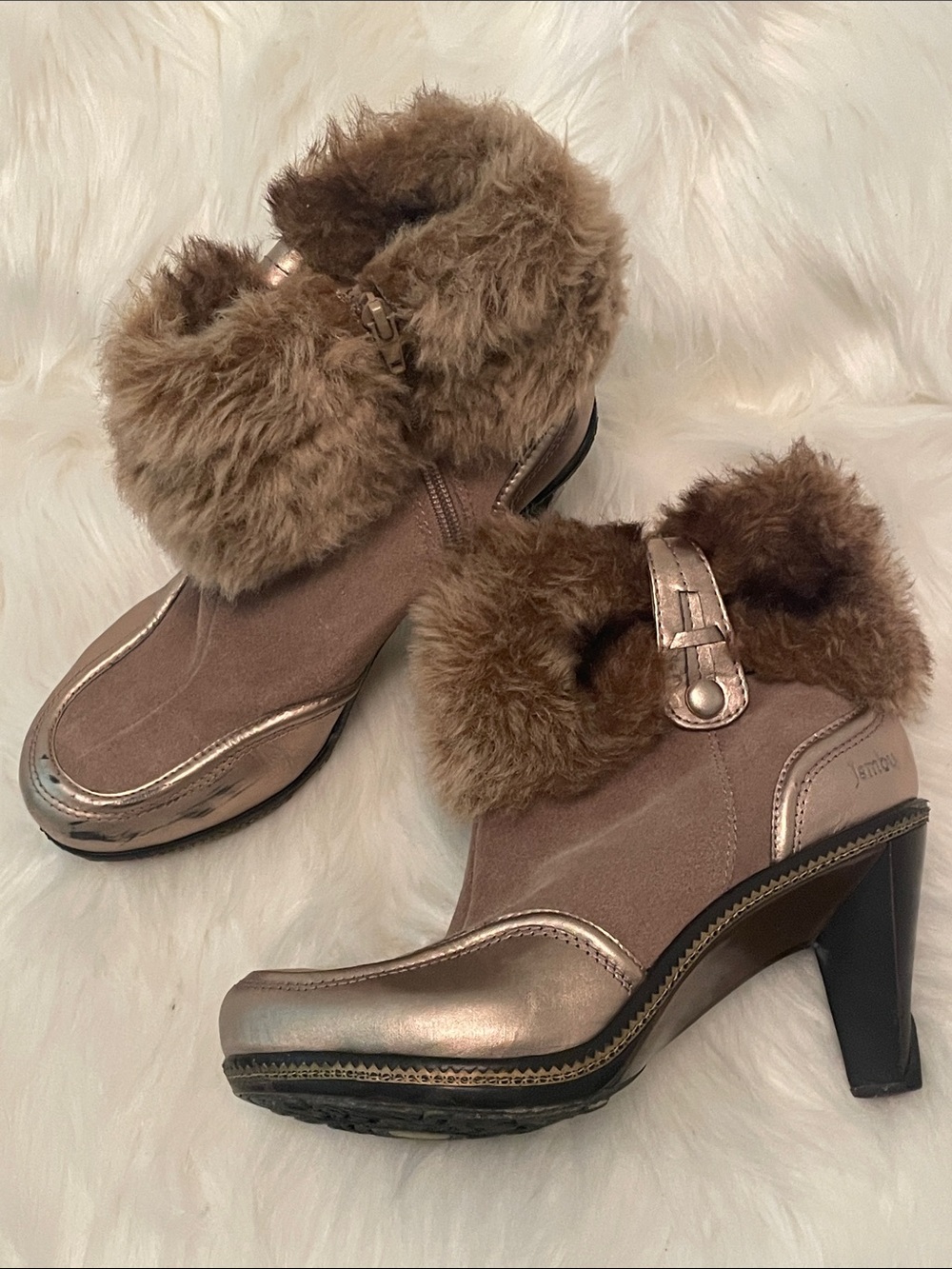 Jambu - Metallic Taupe Faux-Fur Trim Heeled Ankle Boots - 7